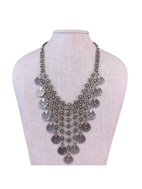 Antique Silver-Tone Islamic Coin Metal Bib Necklace Statement Jewelry